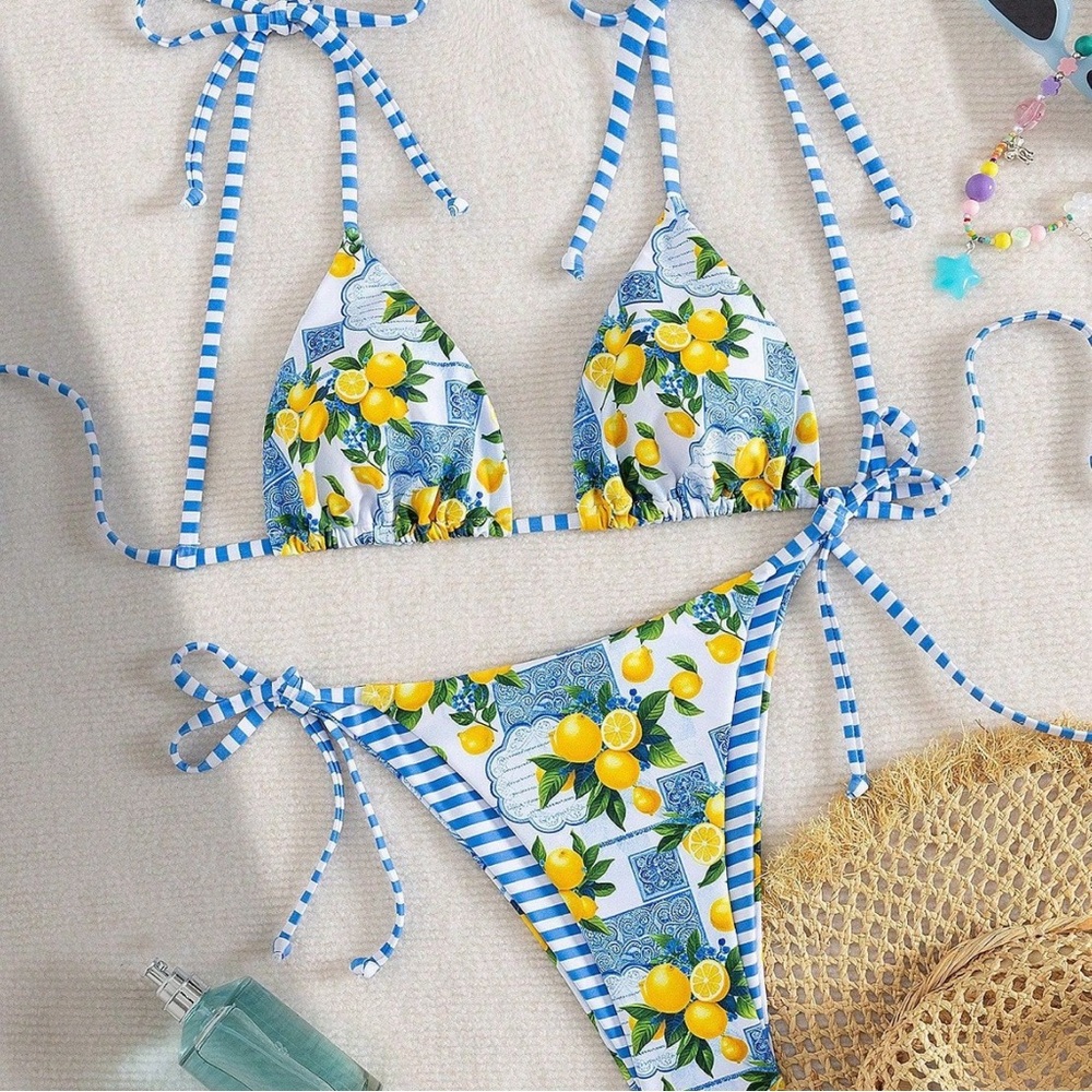 Lemon Print Blue Striped Triangle Bikini